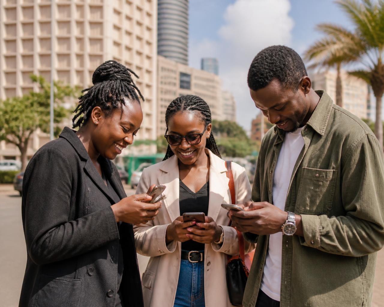 Kenyan adults using their phones in a Nairobi street setting